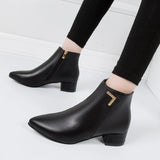 Zingj Boots Women Fall 2023 New Frosted PU Heel Ankle Boots Color Martin Boots Thick Heel Pointed Women's Boots- Outfit