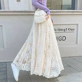 Midi Long Lace Skirts Spring Summer Elastic High Waist Female Mesh Pleated Skirt Fairy