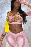 Pink Printed Chic Skinny Bandage Full-Sleeve Patchwork Short Tops&Sweet Hollow Mid-Waist Slim Yoga High Street
