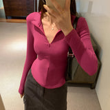 Color Slim Stretch Long-Sleeved T-Shirt A New Autumn Tight Blouse With A Thin Lapel And Bottomed