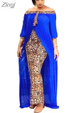Spring Autumn Fashion Loose Leopard Women Maxi Long Split Gown Leisure Outdoor Patchwork Strapless Sexy African
