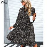 PETAL Speckled Print A-Line Midi Dress For Woman Sexy High Neck Long Sleeve Party Dress 2023 Spring Autumn Female