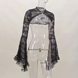 Women's Wear Autumn And Winter New Horn Sleeve Sexy Lace Hollowed-Out Cheongsam Buckle