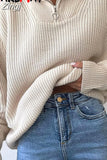 Women's Zipper Sweater Oversize Warm Green Pullovers Long Sleeve Solid Polo Jumper Casual Thick Knitted Sweaters for