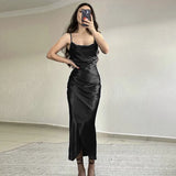 Women Satin Split Dress 2022 Summer Spaghetti Strap Backless Long Dresses Elegant Bodycon Party Dresses Vestidos De
