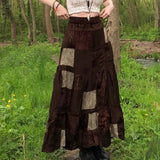 Zingj Rural Girl Velvet Print Patch Patchwork Skirt Low Waist Retro A-Line Long Slim