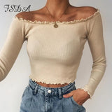 Autumn 2020 Summer Long Sleeve Crop Top Knit Women Ruffles Khaki Casual T Shirts Basic Off Shoulder Sexy Top