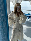 Neck Crochet Hollowed Out Flare Sleeve Midi Dress Women Loose See Through Vestidos 2024 Sexy Party Beach Vacation Female