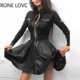 Women Long Sleeve Zipper Pockets Design PU Dress Elegant Fashion Party