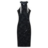 Hot Girl Retro Long Dress Children's Autumn Elegant Velvet Embossed Pearl Chain Cheongsam Dress Fashion Female