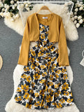 Women Two Piece Set Beach Vacation Long Sleeve Cardigans + Floral Spaghetti Strap Midi Dress Female Suit New