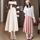 Zingj Thick Knitted Skirt For Women In Winter Thick, Medium And Long Style, High Waist, Light Ripe A-Shaped Skirt, Wool Pleated Skirt, Long