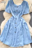 Vintage Square Collar Single Breasted Mini Dress Women Elegant Short Sleeve High Waist Ruffle Patchwork Casual