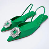 ZAR 2022 Summer New Green Single Shoes Women Fashion Pointed Toe Flat Rhinestone Muller Sandals And Slippers Woman Shoes