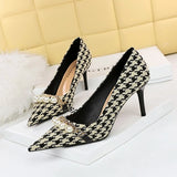 Zingj Thousand Bird Case High Heels Slender High Heels Shallow Pointed Pearl Chain Plaid Women's Single