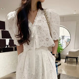 Zingj Chic Niche Temperament V Neck Hollow Lace Embroidered Jacket Women High Waist Pressure Pleated Skirt Two Sets Of