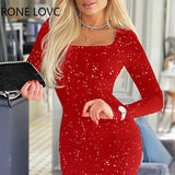Women Elegant Suqare Collar Long Sleeves Glitter Midi Bodycon Sexy Party Red
