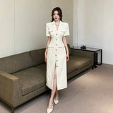 Elegant Suit Collar Midi Dresses for Women 2023 Summer New Vintage Fashion High Waist Short Sleeves Black Female