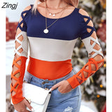 Autumn Winter Colorblock Crisscross Cold Shoulder Top Casual Daily Wear Hollow Out Pullover Blouse Sexy Round Neck