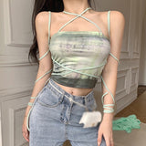 Tops Halter Bandage High Street Sexy Tank Camisole Sleeveless Harajuku Y2K Crop Tank Tie-Dye Print Slim Camis Femme