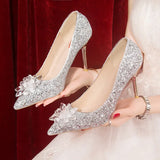 Zingj Crystal Silver Bride Shoes 2023 Autumn Tip Chinese Wedding Shoes Silver High Heels High Heels Heel
