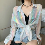 Woman Blouses Sparkles Shinning Chiffon Shirts Button Up Women's Blouse shirts Tied Up Waist Transperant