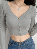 Ribbed Long Sleeve Button Crop Top- Outfit