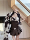 Hot Girl Suit Women's Autumn/Winter Faux Fur Short Coat Strap Slim Fit A-line Dress Two-piece Set Fashion Female