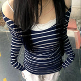 Zingj Big Round Collar Off-The-Shoulder T-Shirt 2024 New Hot Girls Show Thin Striped Top