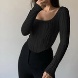 Zingj U-Neck Water Corrugated Long-Sleeved T-Shirt Autumn Popular Women's Wear Versatile Show Thin Inside The