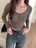 Style Slim Long-Sleeved T-Shirt For Thin Spice Girl A New Solid Color Bottomed Shirt With Low Collar Collarbone Blouse For Women In Early