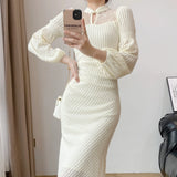 Hollow Lace Patchwork Midi Dresses for Women 2023 Autumn New Elegant Evening Prom Party Long Sleeve Slim Female