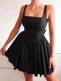 Square Neck Sleeveless Evening Mini Dress Women Sexy Pleated A-line Short Vestidos 2024 Fashion Streetwear Party