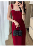 Red Midi Dresses for Women 2023 Summer French Hepburn Style Elegant Chic Prom Female Clothes Evening Party Slim