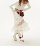 White Lace Layer Tulle Midi Skirt-Outfit