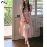 Dress Women Back-bandage Design Princess Fashion Sweet Elegant French Square Collar High Waist Tender Girlish