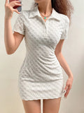 Solid Geometric Casual Mini Dress for Women Turn-down Neck Short Sleeves Slim Clothing Aesthetic Basic Chic