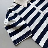 Neck Striped Puff Sleeve Half Zipper T Shirt Black White Color Block Summer Korean Style Short Sleeve Women