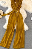 Vintage V-Neck Sleeveless High Waist Jumpsuits Women Elegant Loose Wide Leg Romper With Sashes Female Playsuits New
