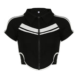 Black-And-White Color Matching Function Wind Zipper Short-Sleeved T-Shirt Street Trend Slim Hot Girl Navel Blouse