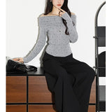 And Spicy Cat Y2k Word Collar Long-Sleeved T-Shirt Girl Spring And Autumn Shoulder Lace Splicing Bottom Shirt