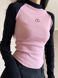 Slim Chic Bottoming Tshirts Contrast Color Patchwork Letter Print Tee Shirts Y2k Aesthetic Sexy Outer Wear Women