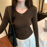 V-Collar Slim Wrinkle Waist Long-Sleeved T-Shirt Women's Autumn And Winter New Plush Plush Bottomed