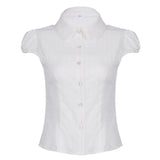 Zingj Wind Striped Puffy Sleeve Breasted Shirt Female Polo Collar Straight Tube Simple Loose Base