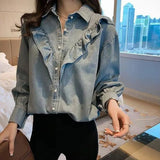 Style Ruffle Denim Blouse Women Casual Loose Long Sleeve Jean Shirt Female Elegant Plus Size 4XL Spring Blue Denim