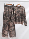 Quality Printed Knitted Women's Set 2 Piece Autumn And Winter Long Sleeved Sweaters + High Waisted Slim Wide Leg