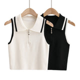 New Summer Lapel With Color Zipper Knitted Vest Shows The Navel Short Style