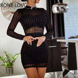 Women Casual Elegant Round Collar Long Sleeves Houndstooth Mini Black Working Bodycon