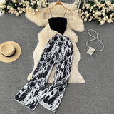 Zingj Girl Set Girl Strapless Strap Short Knit Top Print High Waist Wide Leg Trousers Two-Piece