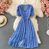 Women Single Breasted Printed Midi Dress Red/Blue/Green Puff Short Sleeve High Waist Vestidos Summer Female Robe